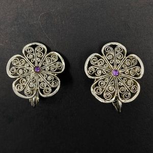 VINTAGE AMETHYST STONE Center FLOWER FILIGREE SPIRAL Designed Clip On Earrings